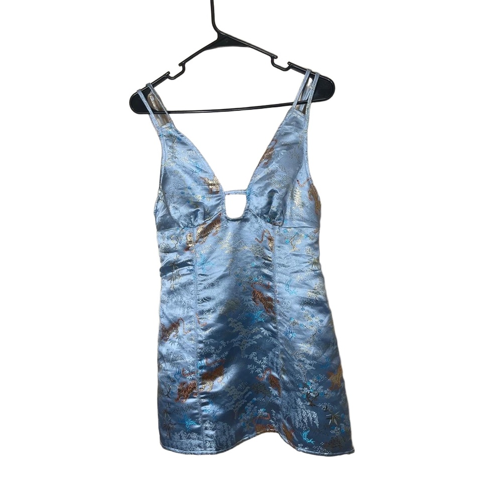 NWT Urban Outfitters Cassie Blue Satin Embroidered Tigers Mini Dress Medium